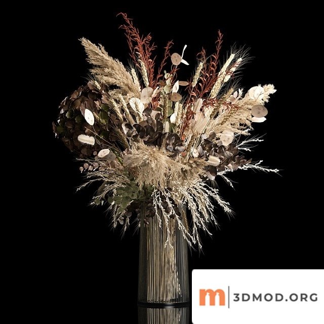 Bouquet in a glass vase made of dried flower, hydrangea, pampas grass, reed, cortaderia, moonflower, wheat, spikelet. 259.