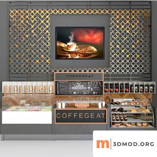 Design project of a cafe with a panel and a refrigerator with desserts and sweets. coffee house