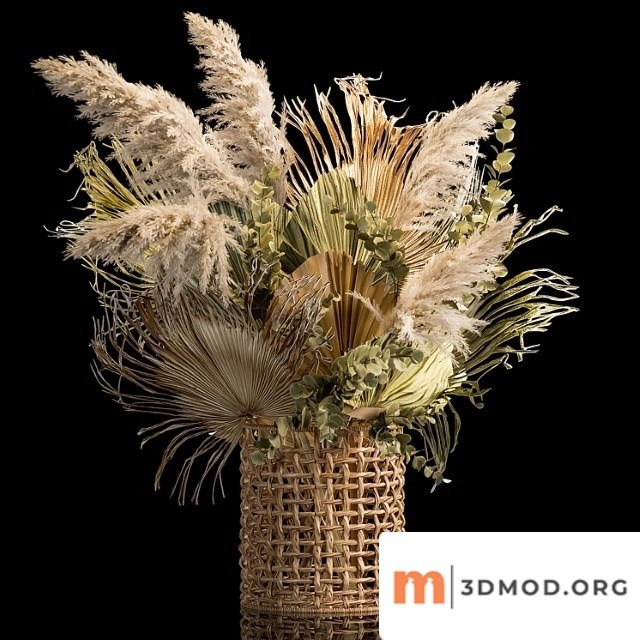 Installation bouquet pampas grass in a wicker basket of twigs, dry leaves, dried flower. 239.