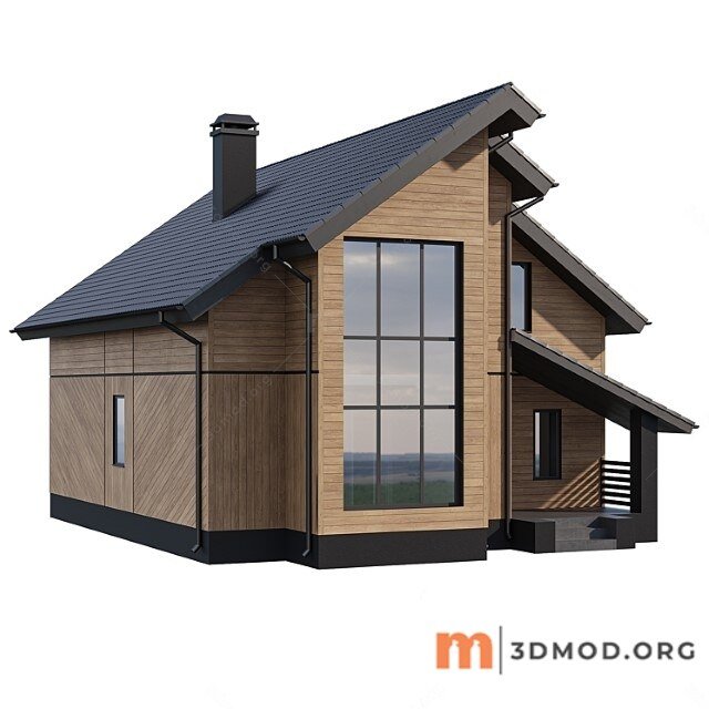 Two-storey wooden house with a complex pitched roof