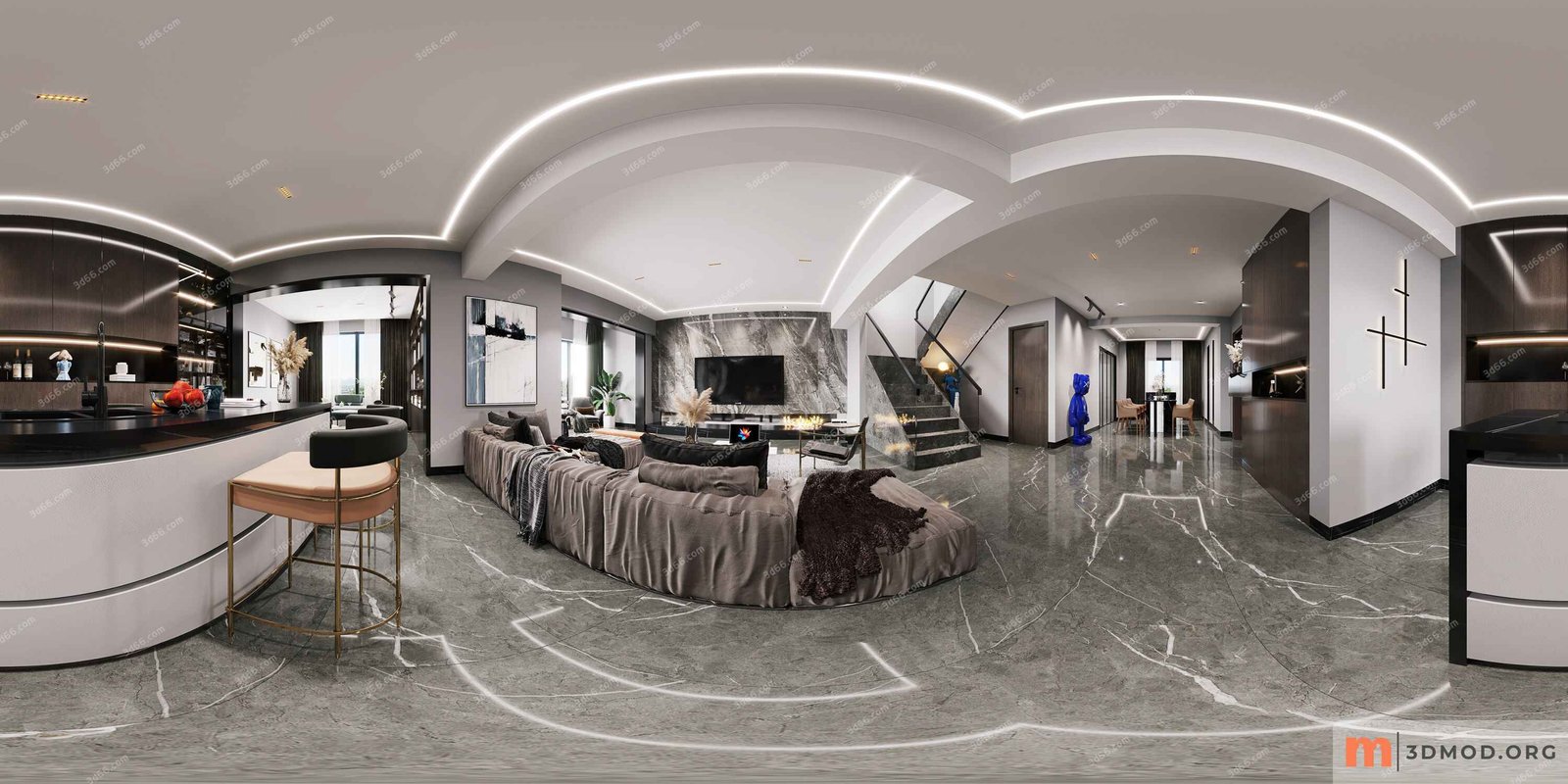 543823-Panorama-Modern living room - kitchen - vray 2021
