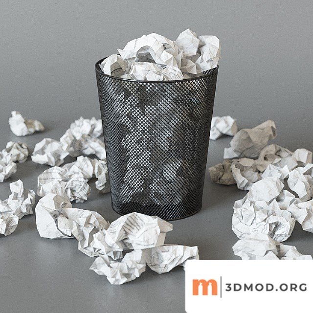 A trash can with papers