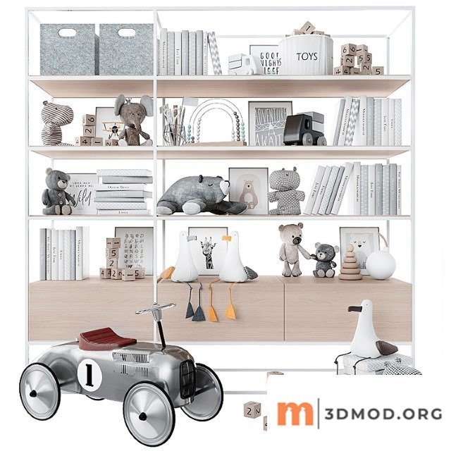 Bookcase with toys and books.