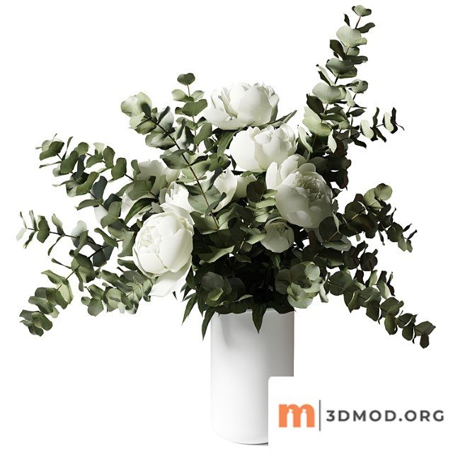 Bouquet with eucalyptus and peonies in a white vase