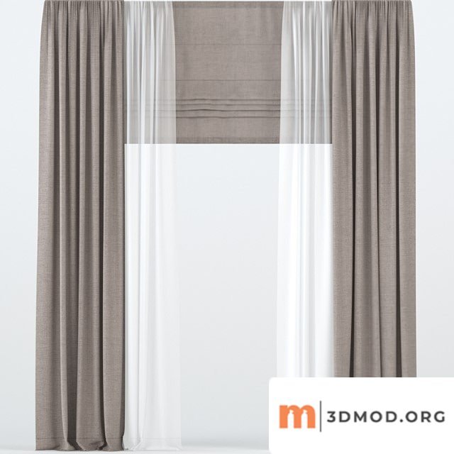 Brown straight curtains with tulle and roman.