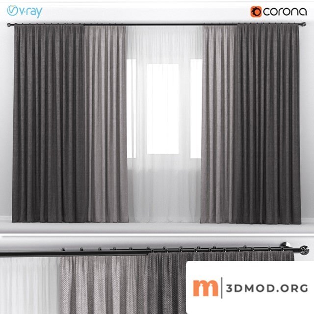Brown thick wide curtains in two colors with white tulle.