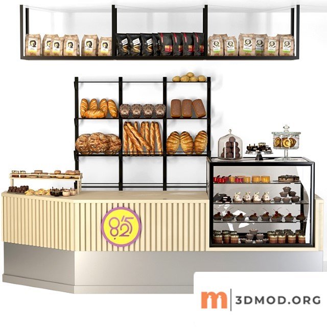 Coffee point in loft style with a showcase with desserts and fresh pastries