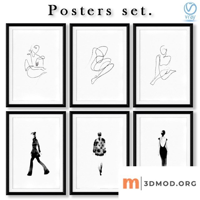 Collection of black and white abstract posters about fashion.