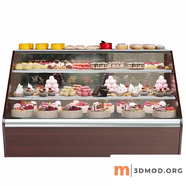 Confectionery Refrigerator With Sweets and Desserts Cake