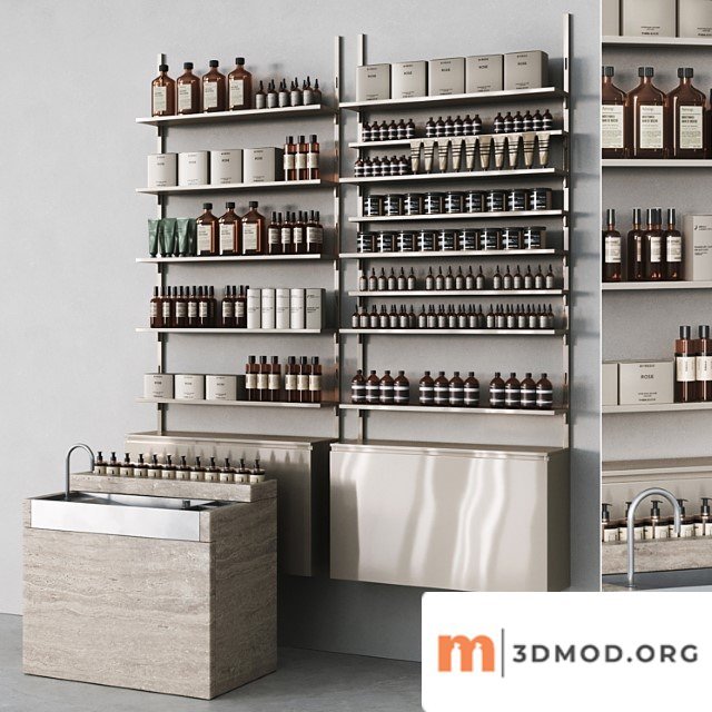 Cosmetic set with metal shelving and washbasin