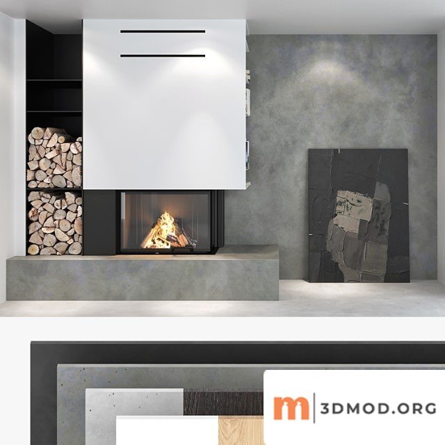 Decorative wall with fireplace set 02