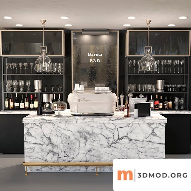 Design project of a bar with a marble bar and wine. alcohol