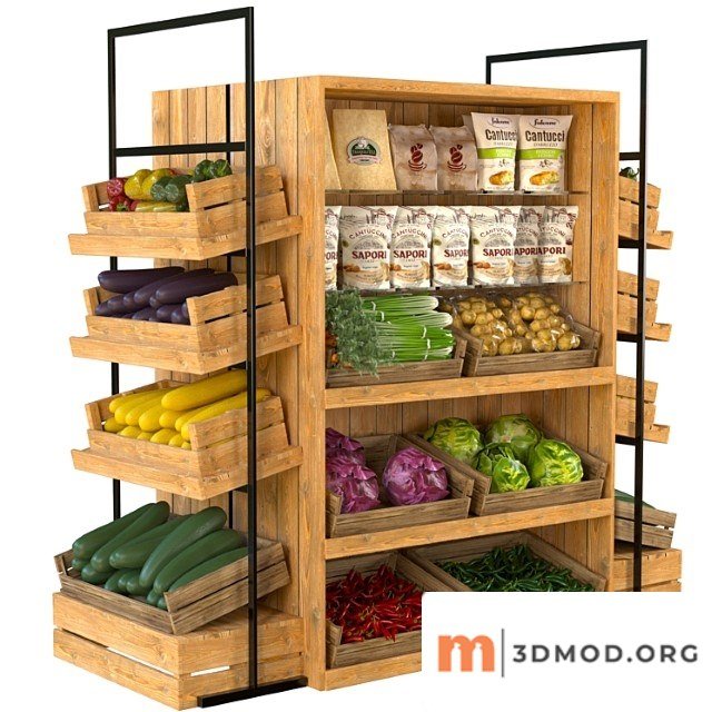 Designer rack in a supermarket with vegetables, fruits and cereals 3