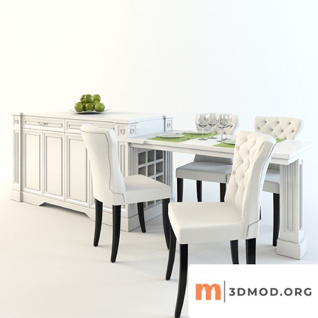 Dining table with chairs and an island