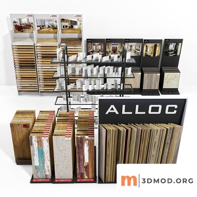 Exhibition stands with samples of laminate, porcelain tile, stucco molding