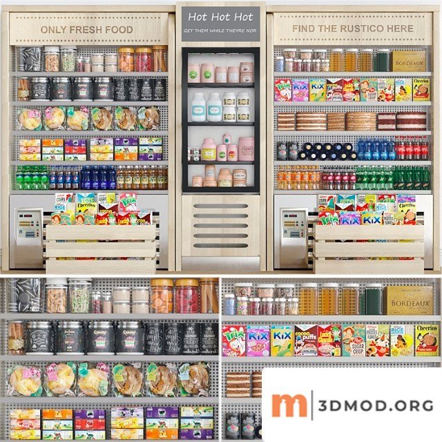 Grocery showcase in a supermarket in ethnic style with drinks and groceries