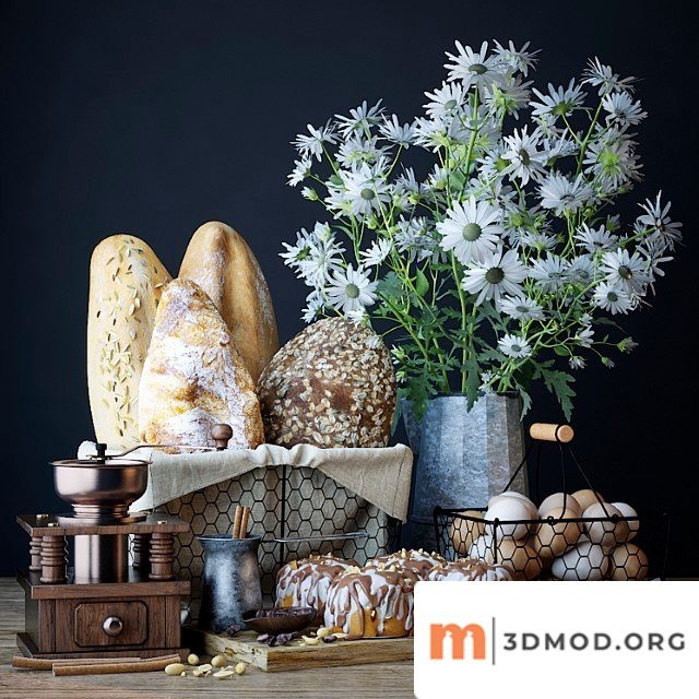 Kitchen set with bread and cinnapons