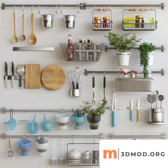 Kitchen utensils with spices, groceries and flowerpots