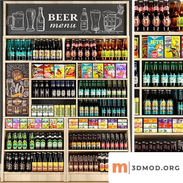 Large shelf in the supermarket with beer and cider