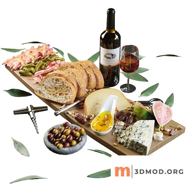 Plateau with fruit, cheese and fruit and a glass of red wine