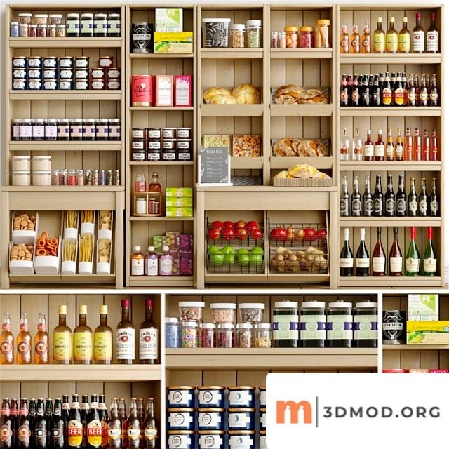 Rack with spices, alcohol and pastries in the supermarket