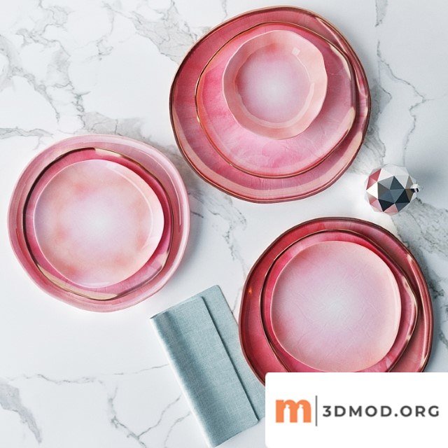 Set Of Plates In A Pink Glaze Irregular Shape