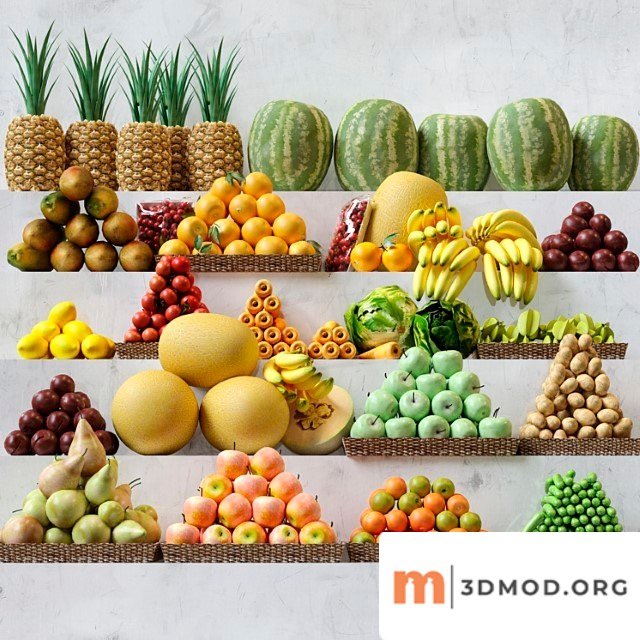 Set of fruits, vegetables in the market 3. fruits, vegetables