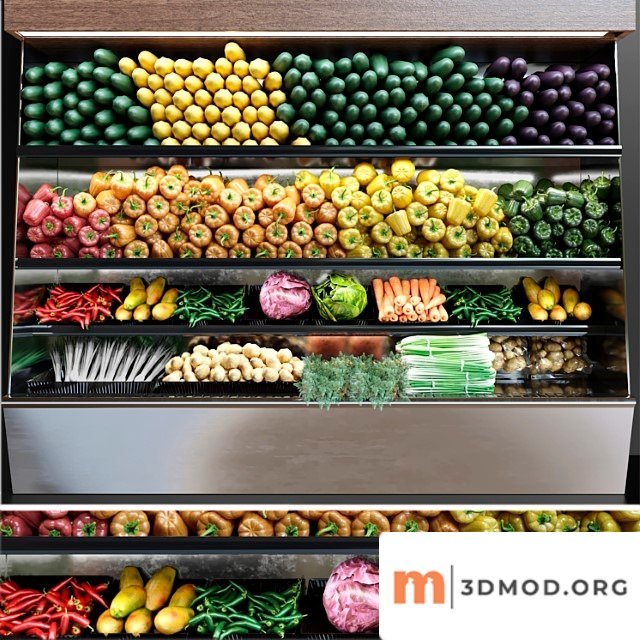 Showcase In Supermarket With Fresh Fruits And Vegetables Food