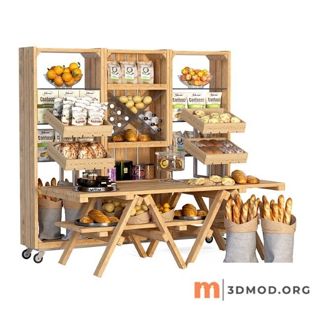 Showcase at the market with products, pastries and dry breakfasts