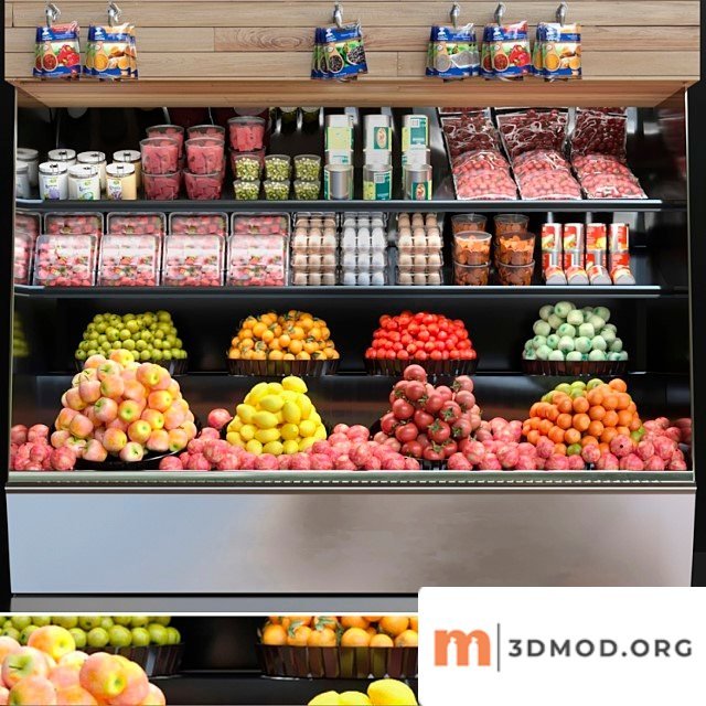 Showcase in a supermarket with fruits and vegetables. fruits and vegetables