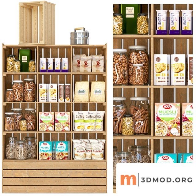 Showcase in a supermarket with nuts, cereals and dry breakfasts