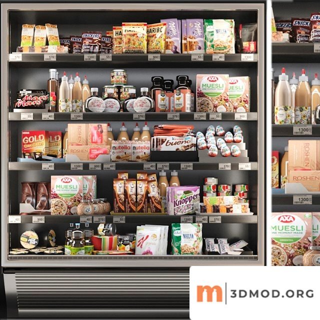 Showcase in a supermarket with sweets, cereals and snacks 3