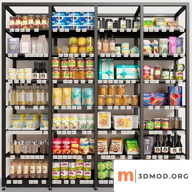 Showcase with conservation and groceries in a supermarket or pantry. food