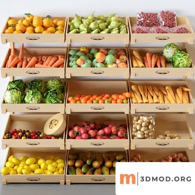 Showcase with fruits and vegetables at the market in boxes. citrus fruits, apples