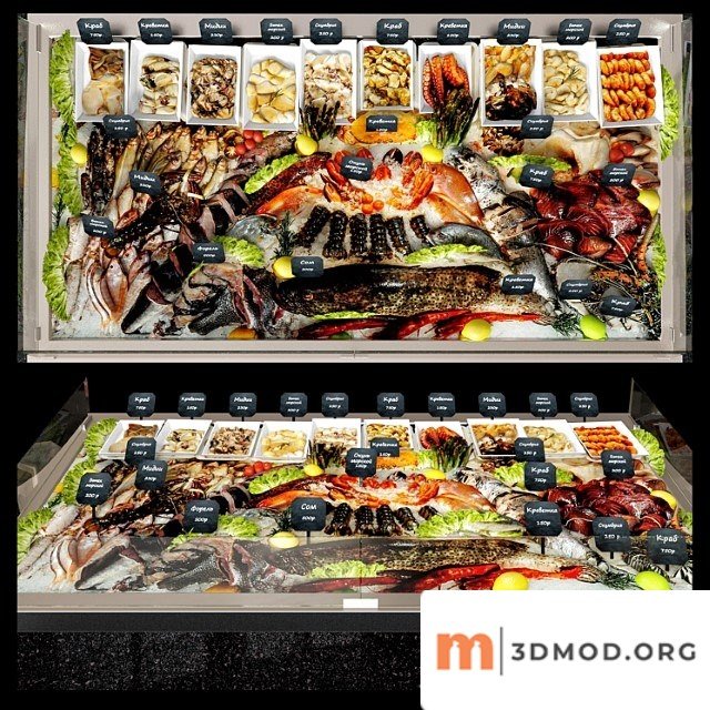 Showcase with seafood