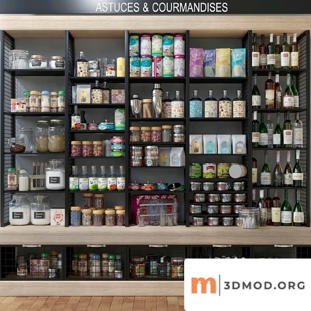 Showcase with spices, alcohol and groceries in the supermarket. food