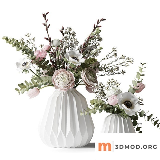 Two bouquets in white ribbed vases