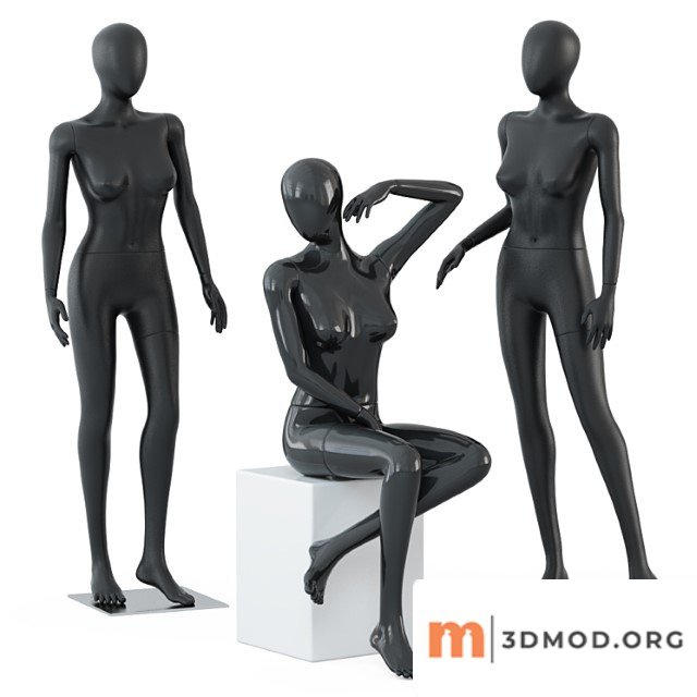 Two female mannequins stand and one sits on a white square stool 58