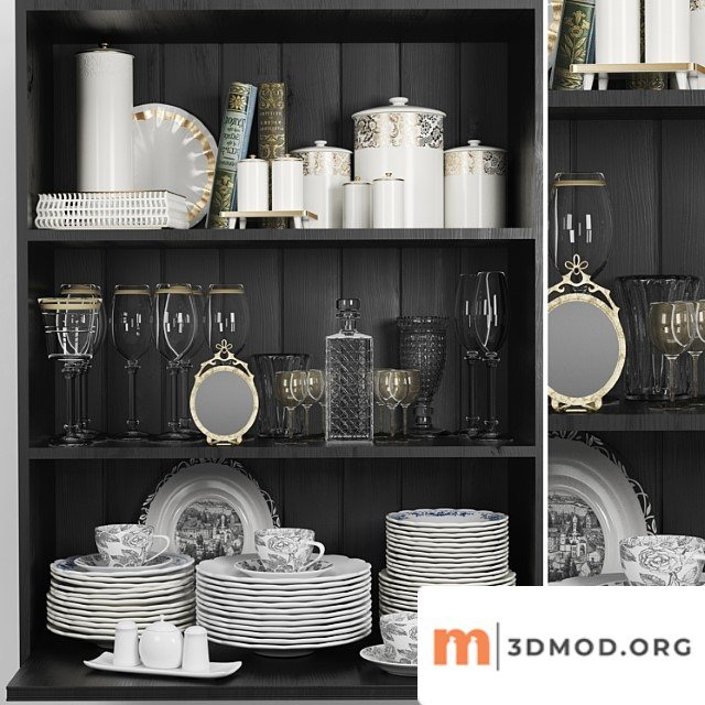 Wardrobe with a set of dishes and a crystal service in a classic style