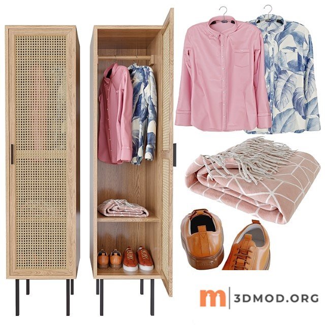 Waska wardrobe with hangers with 1 wicker door