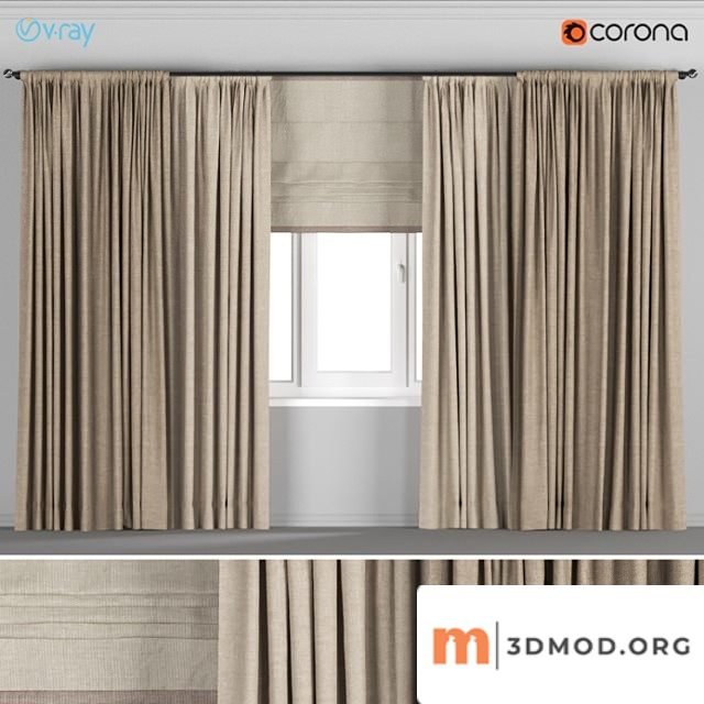 Wide light brown curtains + roman blinds.