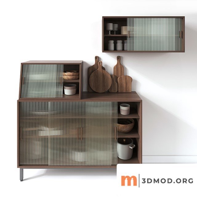 Wooden glass cabinets with kitchen accessories
